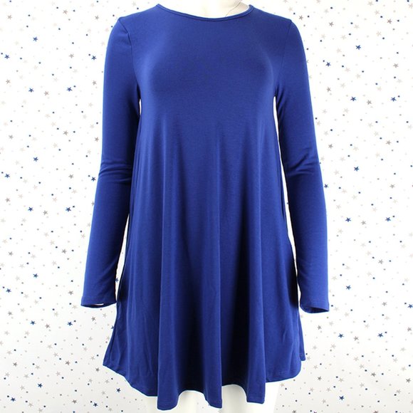 Royal Blue Long Sleeve Swing Dress w/ Side Pockets - Picture 2 of 9